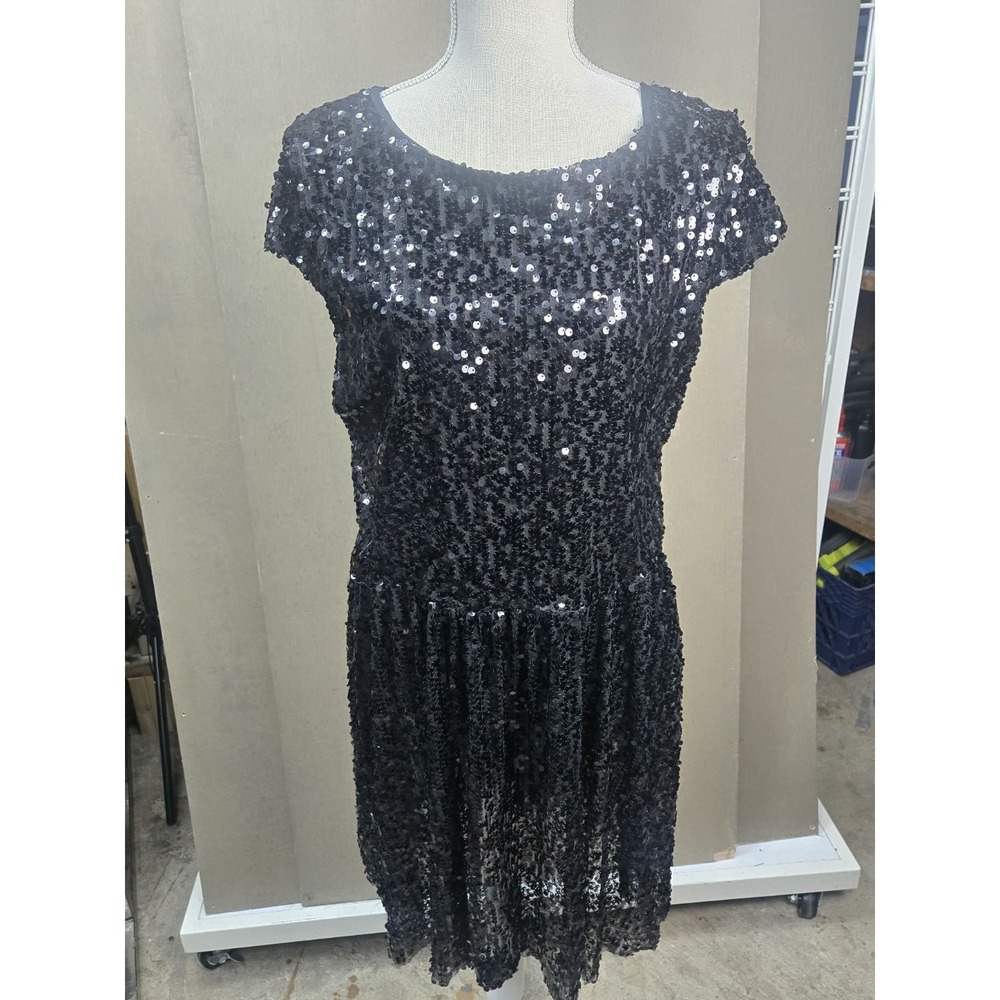 Red Dot Boutique Black Sequin Party Dress Women's 1X Short Sleeve Fit & Flare